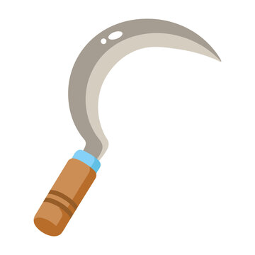 Curved gray farm sickle with brown wooden handle and sharp crescent blade, displayed diagonally as a simple clean flat agricultural hand tool icon.