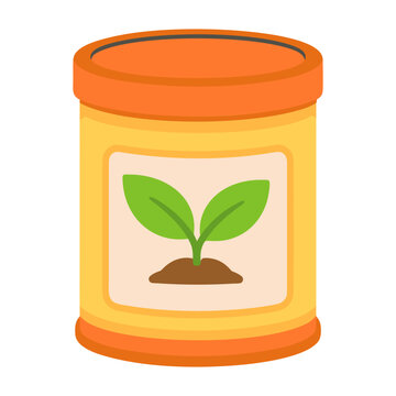 Orange cylindrical seed can with green sprout label and dark rim, illustrated as a simple clean flat container for agricultural planting seeds.