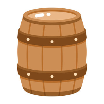 Round brown wooden barrel with curved staves, dark metal bands and visible top rim, presented as a simple clean flat rustic storage container icon.