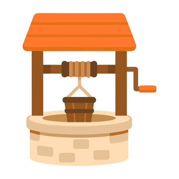 Small wooden water well with orange roof, stone base, rope spool and crank handle, illustrated as a clean colorful flat rural utility icon.