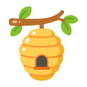 Golden beehive hanging beneath a brown tree branch with green leaves and a small entrance, illustrated as a cheerful flat beekeeping icon.