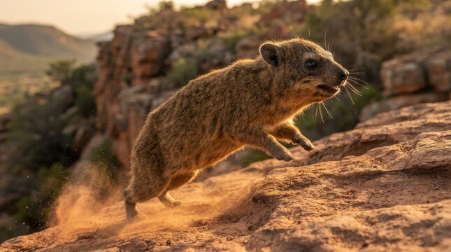 Rock hyrax leaps across dusty terrain at sunset in South Africa