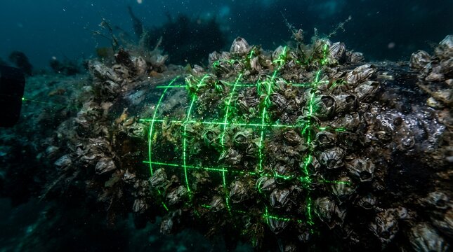 Green laser grid scanning subsea pipe covered in barnacles for industrial inspection.
