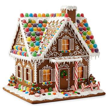 Gingerbread house decorated with colorful candy and frosting.