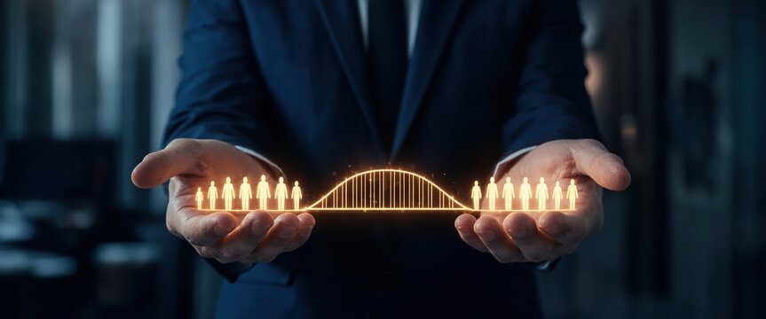 businessman holding glowing bell curve with human figures, concept of workforce distribution, demographics and statistics