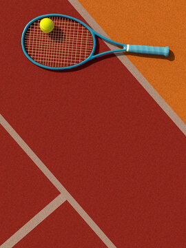 A close-up aerial view of a blue tennis racket with a yellow ball positioned on its strings, set against the textured surface of a sports court