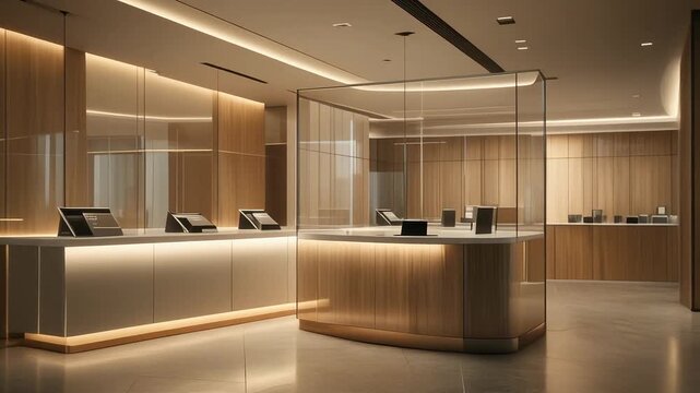 Empty modern bank teller counter with glass partitions