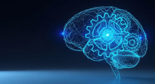 Digital human brain with glowing gears representing artificial intelligence illustration
