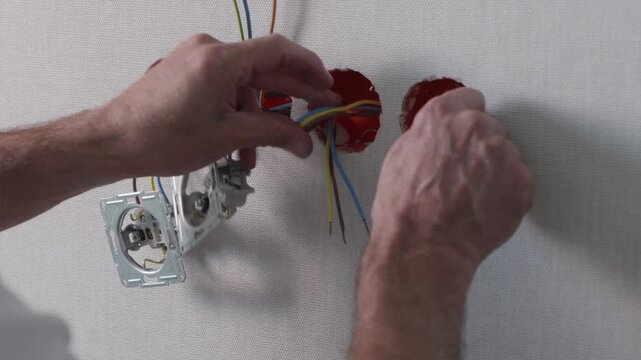 Close up view of hands routing electrical cable into wall junction box