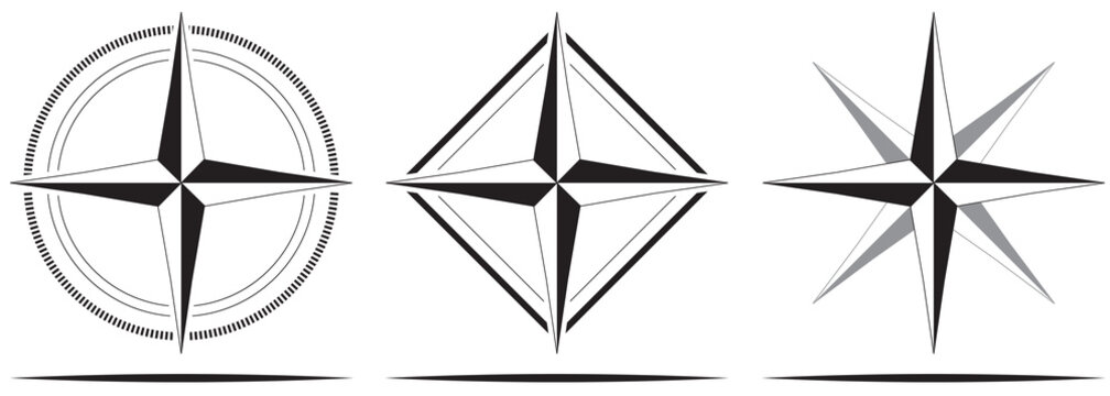 Set of three black and white compass rose icons isolated on a transparent background featuring classic diamond and multi-point star directional navigation designs