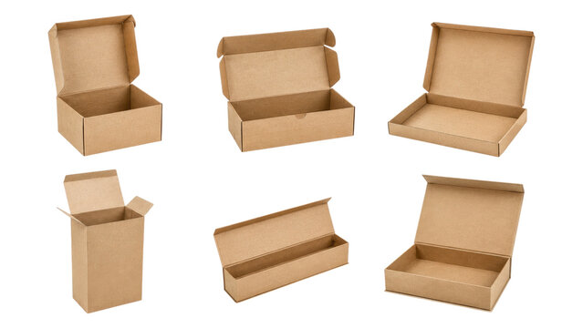 Six open brown kraft cardboard boxes and paperboard cartons in various sizes and lid styles arranged on a transparent background