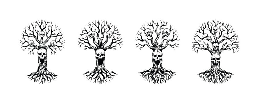 Set of four hand-drawn spooky skull trees in black and white