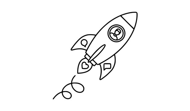 Social media startup rocket launch vector line art with profile and chat icon elements flat outline illustration