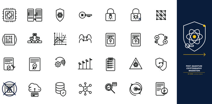 Quantum cryptography icons set, post-quantum migration vector elements, cybersecurity and data encryption line art collection