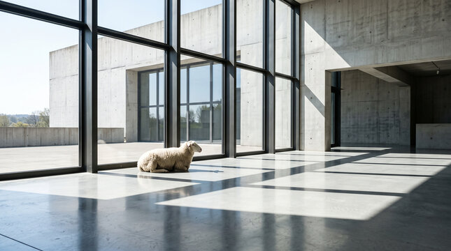 White sheep lying on concrete floor in modern minimalist building with glass windows