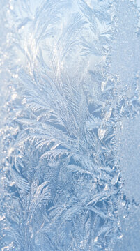 Frost patterns on glass window with delicate ice crystal formations in blue tones