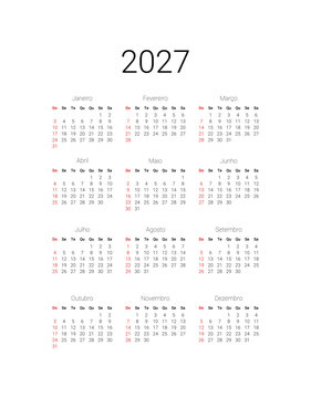 2027 Calendar in Portuguese. Calendar template for Brazil start from Sunday. Full months for wall calendar, isolated wall background