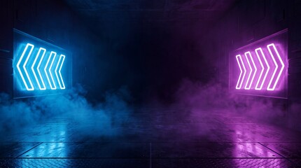 Fototapeta premium Symmetry of blue and pink neon arrow lights in industrial dark hallway with metallic texture and mist.