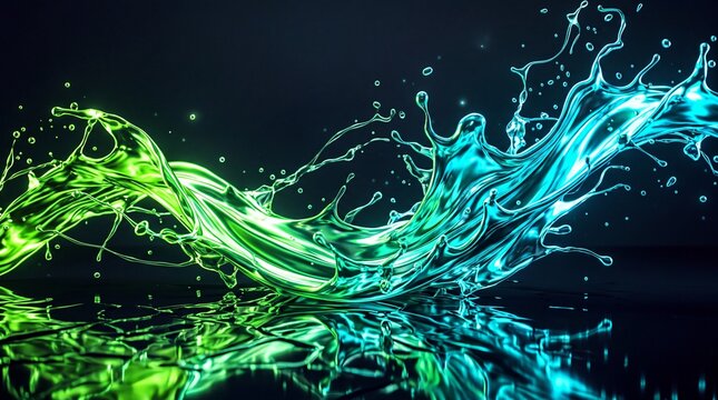 Dynamic Water Splash with Vibrant Green and Cyan Neon Light