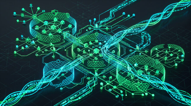 Futuristic glowing green and blue digital network with data streams and nodes
