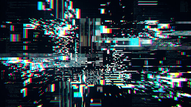 Abstract digital glitch art with distorted code and chromatic aberration