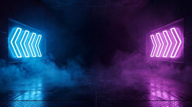 Symmetry of blue and pink neon arrow lights in industrial dark hallway with metallic texture and mist.