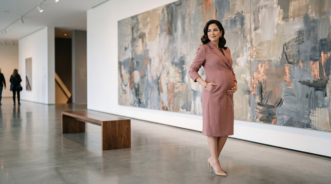 Elegant pregnant woman in pink dress standing in modern art gallery with abstract paintings