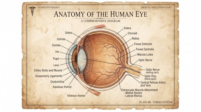 Anatomical diagram of the human eye, showing the cornea, iris, lens, retina, and optic nerve. Medical educational material regarding physiology and the visual system, intended for study and research.