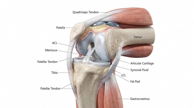 Anatomy of the human knee joint: femur, patella, tibia, ACL, meniscus, tendons, ligaments, cartilage, synovial fluid, and muscles. White background; suitable for medicine and physiotherapy.
