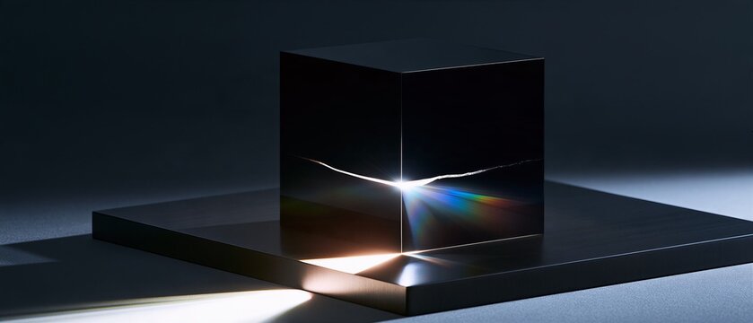 Commercial Macro Photo of Black Obsidian Cube Fracturing with Light Leaking for Data Breach and Security Vulnerability Concept

