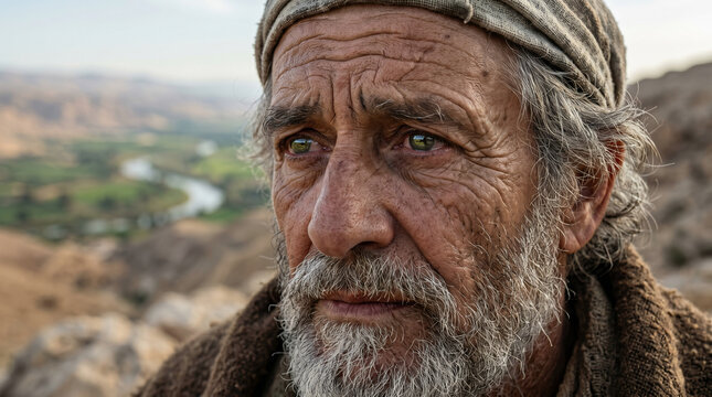 Moses gazing longingly at the Promised Land from the peak of Mount Nebo, knowing he will die before crossing over.