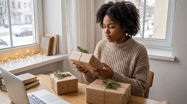 Black woman carefully observing simple presents arranged neatly on wooden table, selecting ideal gifts for occasion. Simple presents wrapped in craft paper and adorned with sprigs enhance festive mood