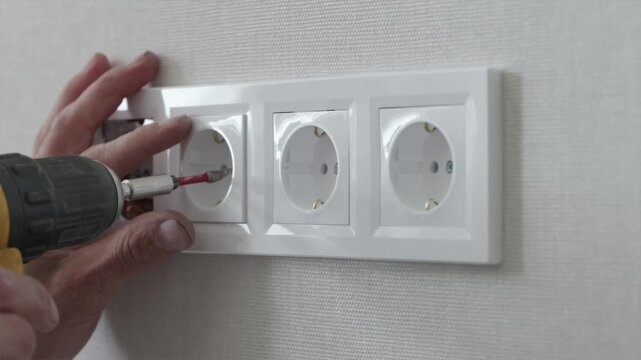 Fastening four gang electrical socket frame with cordless screwdriver tool