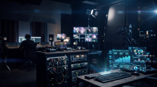 Futuristic Media Control Room with Holographic Data Interface
