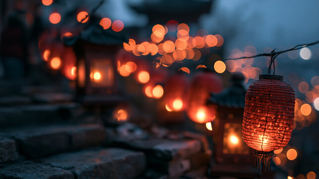 Illuminated Traditional Lanterns on Stone Steps at Dusk