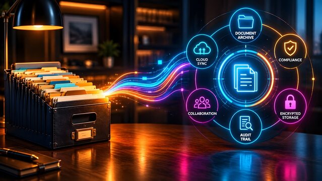 Document archive and encrypted storage compliance interface with colorful digital data streams from a physical file box