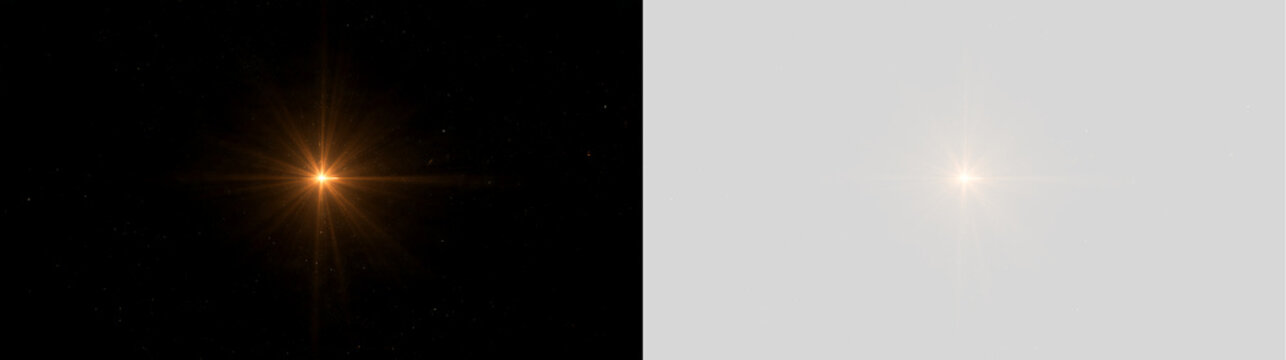 Glowing golden lens flare with sparkling light rays and dust particles. Warm optical star burst flash effect. Transparent overlay for compositing