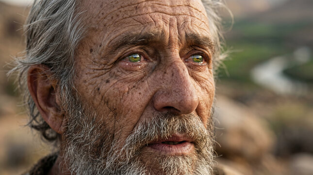 Moses gazing longingly at the Promised Land from the peak of Mount Nebo, knowing he will die before crossing over.