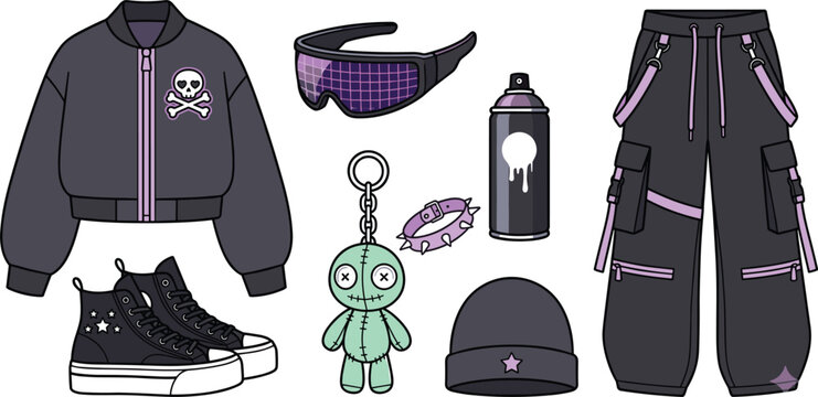 Cyberpunk Pastel Goth Streetwear Fashion Outfit Set with Skull Bomber Jacket, Cargo Pants, Futuristic Visor Glasses, and Voodoo Doll Keychain,