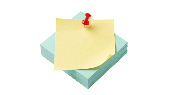 Bright yellow sticky note pinned onto a stack of pastel green paper sheets creating a professional office supply on transparent background