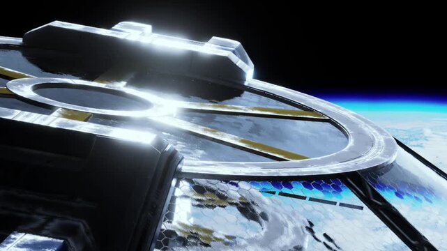 A spacecraft hovers above the Earth&rsquo;s surface with a view of the planet below. The scene shows the details of the structure and the blue atmosphere surrounding it.