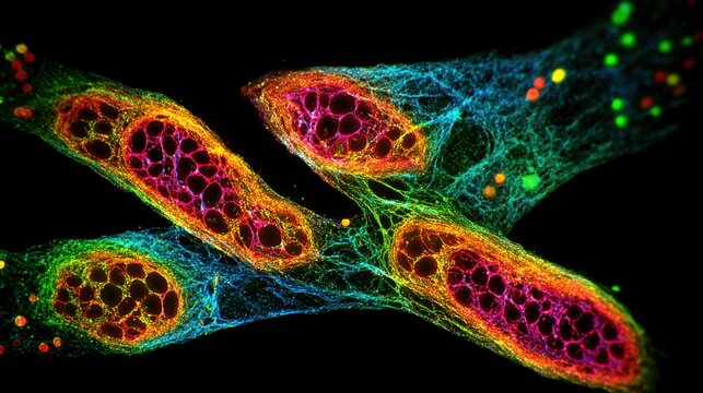 Fluorescence in situ hybridization micrograph showing multicolor fluorescent signals within interphase nuclei indicating gene amplification