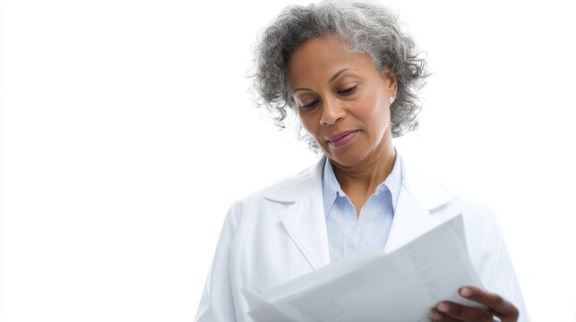 Maternal-fetal medicine specialist reviewing multiple pregnancy data with a composed focused expression