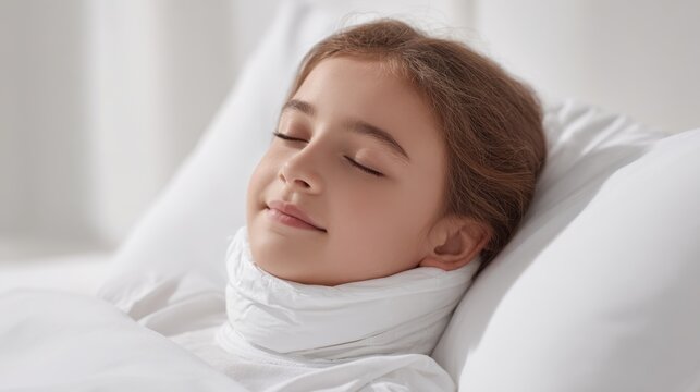 Close-up of a child resting in bed with an ice collar around her neck for post-tonsillectomy recovery