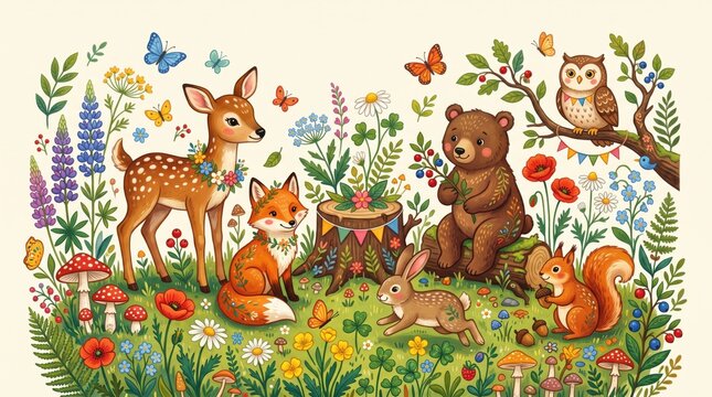 Woodland animals illustration with deer, fox, bear, rabbit, squirrel, owl, and wildflower background for forest nursery art, cottagecore decor, book page, and vector design.