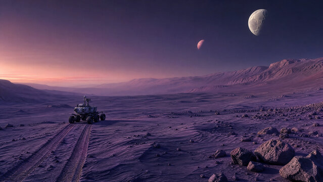 Space rover exploring a rocky alien planet surface with two moons in the purple sky