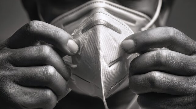 Person adjusting a folded particulate respirator mask over their face for respiratory protection and safety