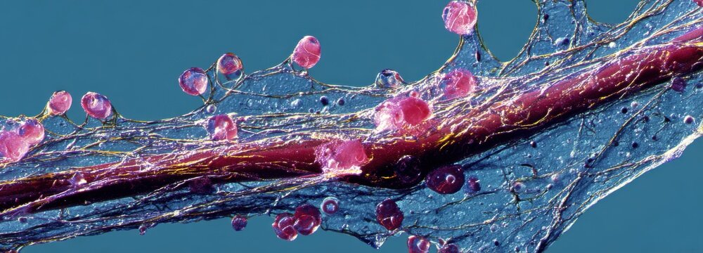 Early repair tissue forming along a damaged collateral ligament emphasizing newly depositing collagen fibers