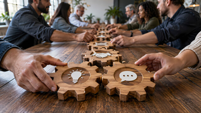 Diverse colleagues align a long chain of wooden gears with lightbulb and communication icons across a shared table, illustrating teamwork, collaboration, connection, ideas and coordinated business wor