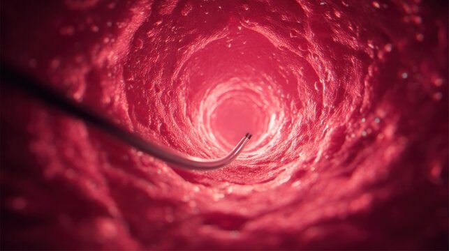 Endoscopic view inside a living human artery showing a medical guidewire advancing towards the vascular lumen